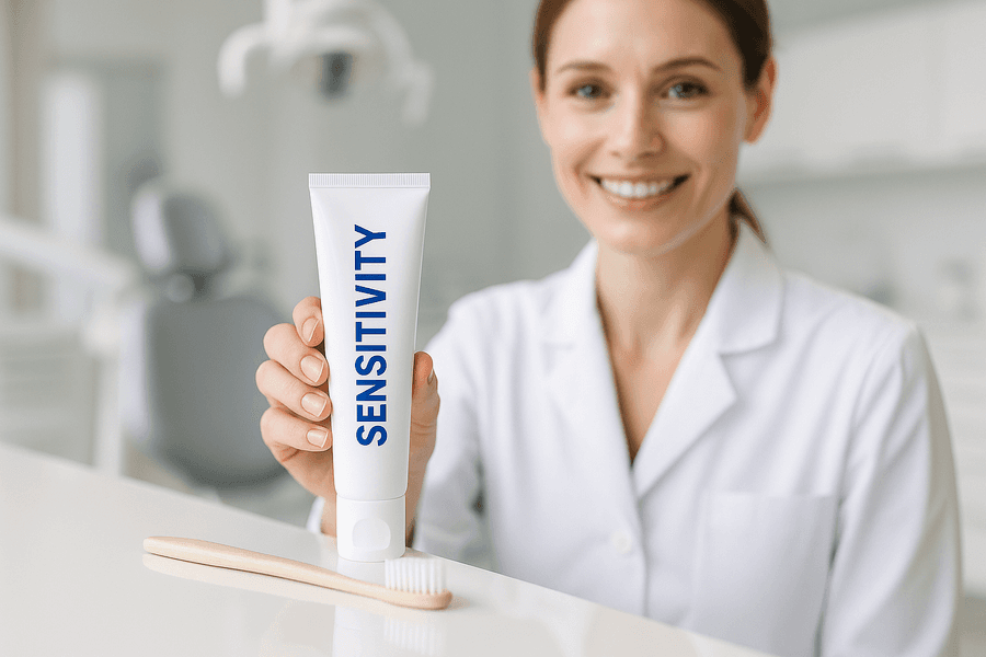 Usa un dentífrico para dientes sensibles que alivie el dolor por temperaturas extremas, fortaleciendo el esmalte y protegiendo de futuros problemas.