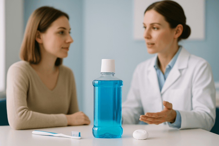 El colutorio mejora la salud bucal al llegar donde cepillos y seda no pueden. Combate bacterias y caries con fluoruro y antisépticos, refrescando el aliento y fortaleciendo los dientes.